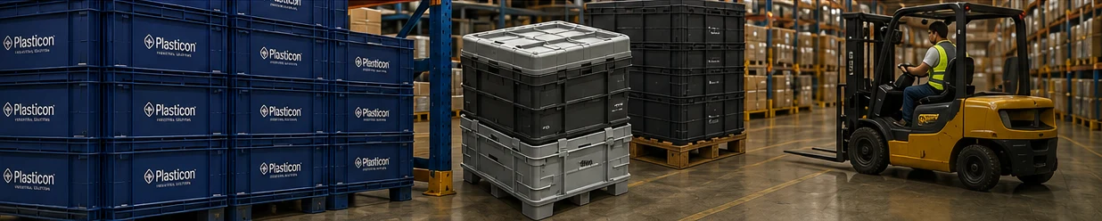 Depoda istiflenmiş plastik kasalar ve forklift