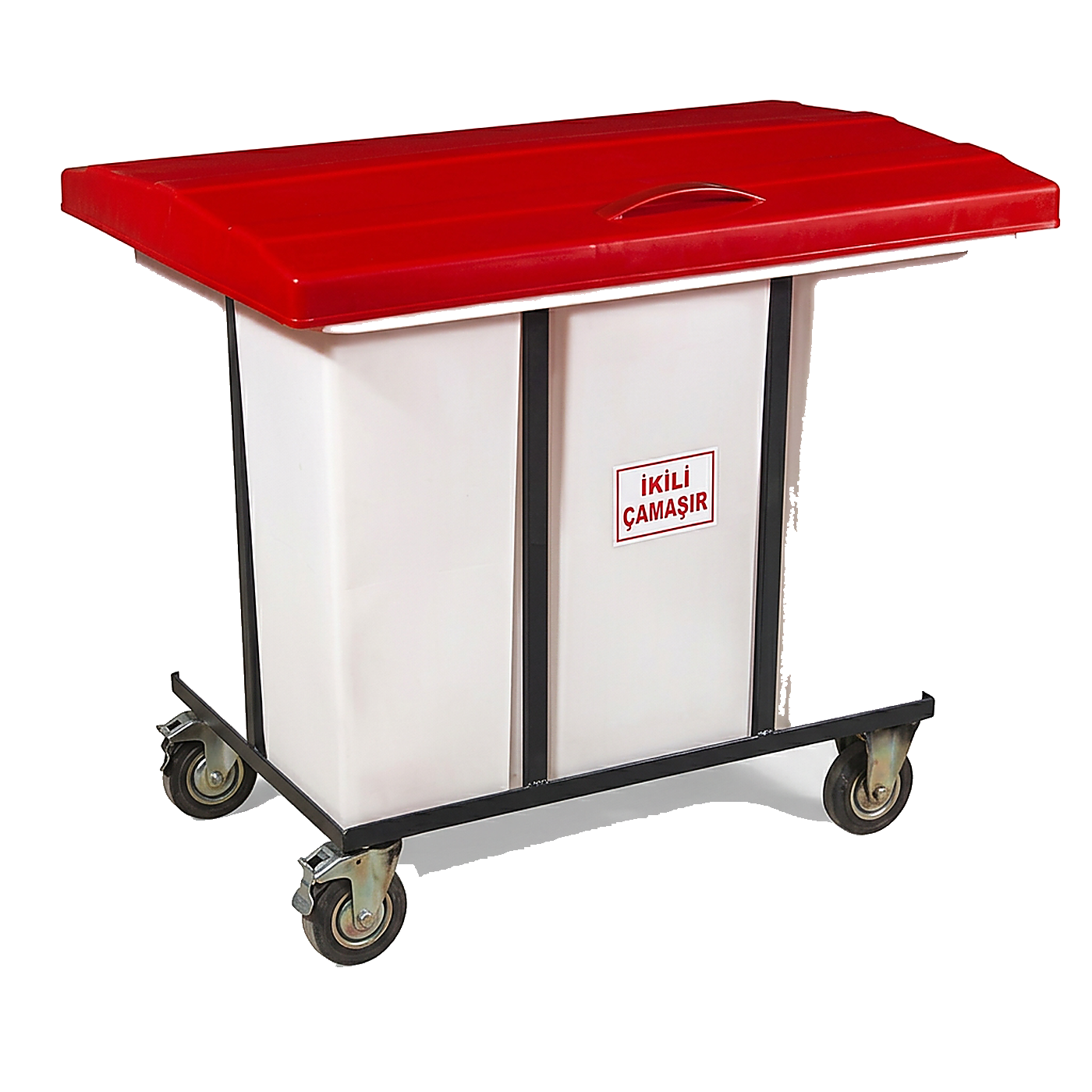 Kırmızı kapaklı 400 litre plastik kirli çamaşır arabası