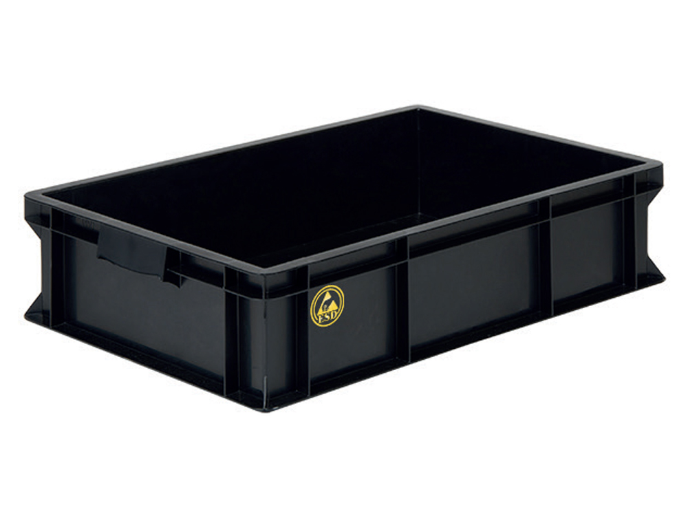 PLASTICON 400x600x120 mm ESD iletken antistatik siyah polipropilen elektronik taşıma kasası