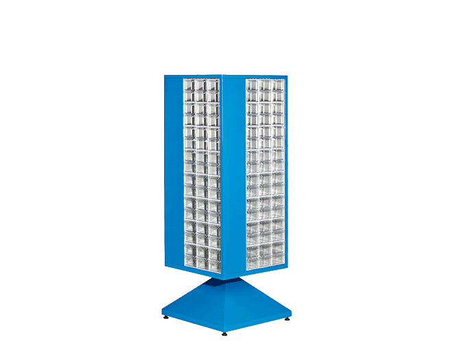 PLASTICON 500x500x1250 mm 192 çekmeceli döner standlı mavi sac malzeme kutusu