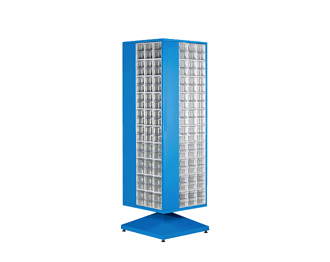 PLASTICON 240 gözlü dönerli çekmeceli kutu standı MT-401-240 650x650x1680 mm mavi gövde ve şeffaf gözler