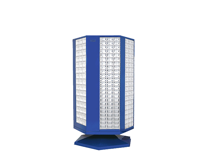 PLASTICON döner tabanlı çoklu çekmeceli kutu standı ST-CK-DONER-02 650x650x1350 mm şeffaf çekmeceli