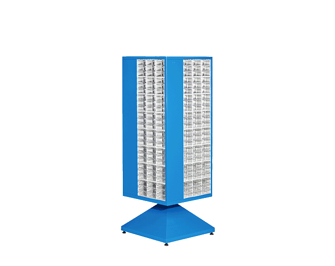 PLASTICON MT 409 dönerli çekmeceli kutu standı 600x600x1600 mm mavi sac gövdeli ve şeffaf çekmeceli