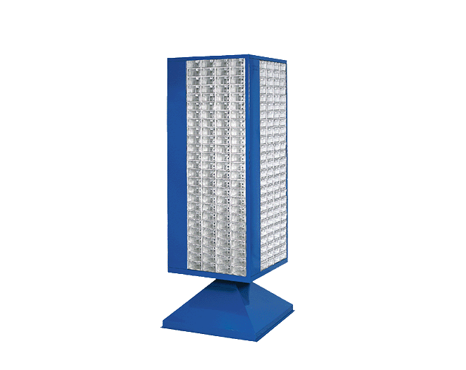 PLASTICON MT 202 Dönerli Çekmeceli Kutu Standı 600x600x1650 mm 4 yönlü mavi çelik gövde ve şeffaf kutular