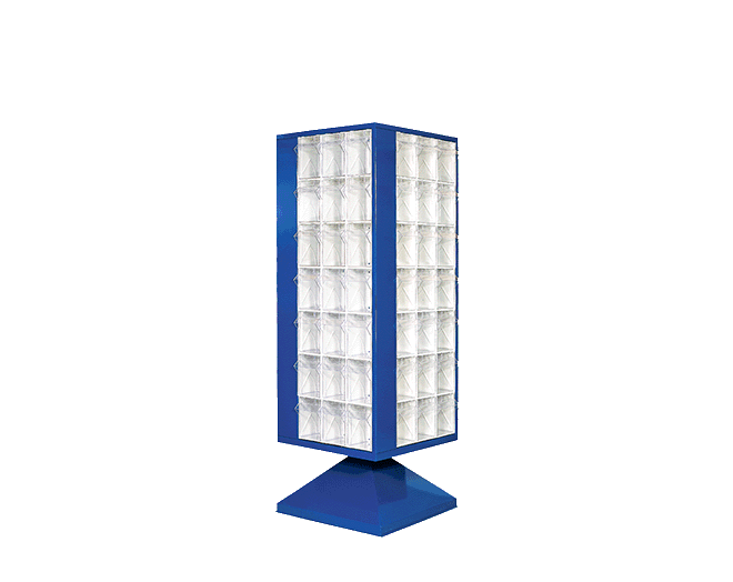 PLASTICON 84 Çekmeceli Döner Kule Stand 600x600x1600 mm mavi DKP sac gövdeli ve şeffaf çekmeceli