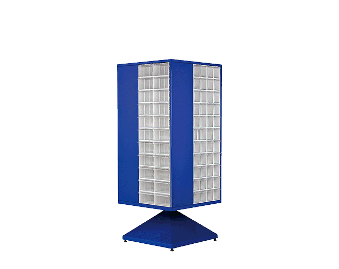 PLASTICON MT 501 S döner çekmeceli kutu standı 650x650x1600 mm DKP sac gövde ve şeffaf çekmeceler