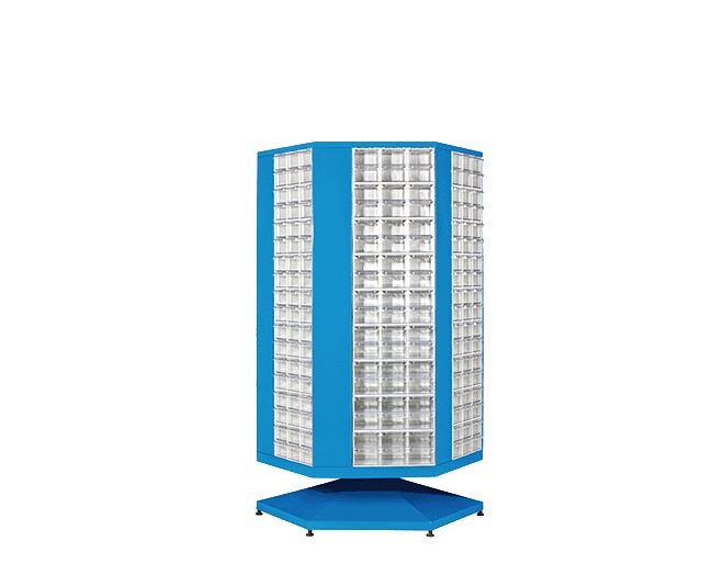 PLASTICON MT 600 çelik gövdeli şeffaf çekmeceli döner stand 650x650x1150 mm
