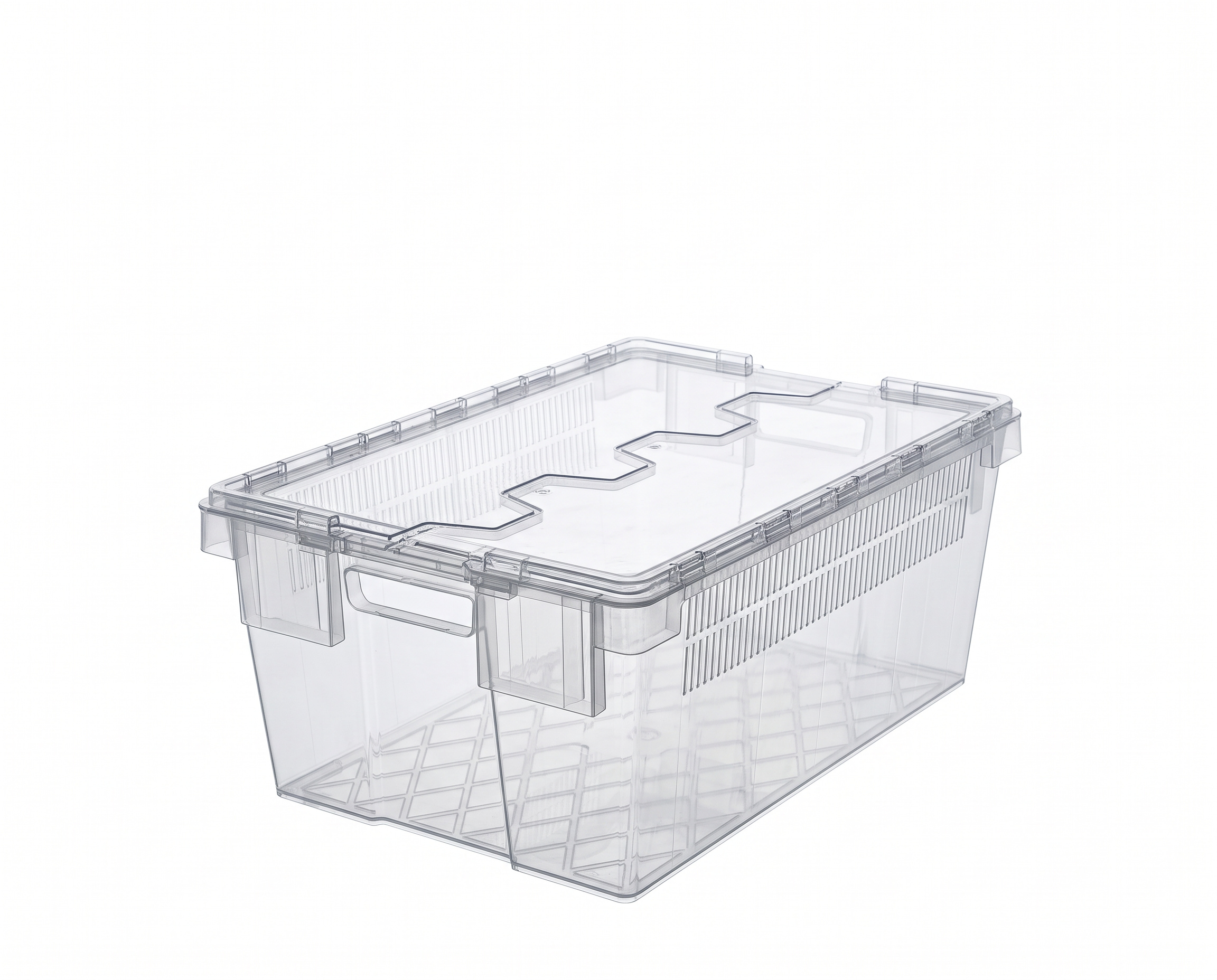 PLASTICON 600x400x250 mm 42 litre şeffaf timsah kapaklı konik plastik sevkiyat kasası