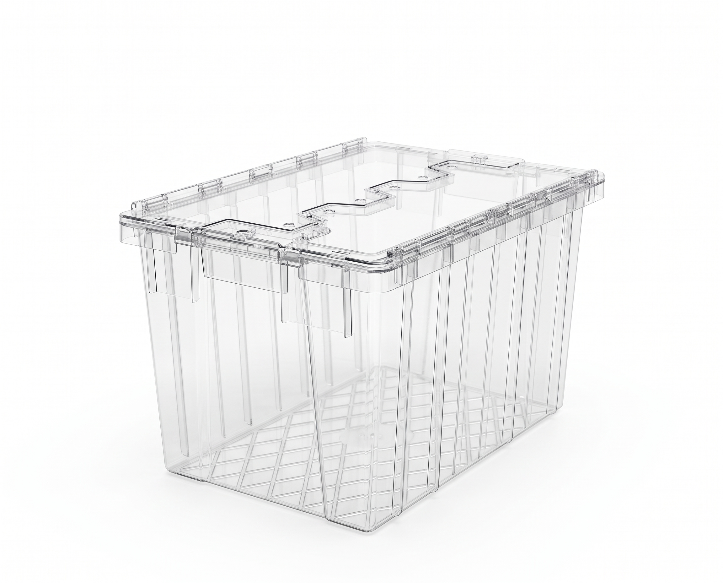 PLASTICON 400x600x350 mm 65 L timsah menteşe kapaklı şeffaf konik plastik kasa