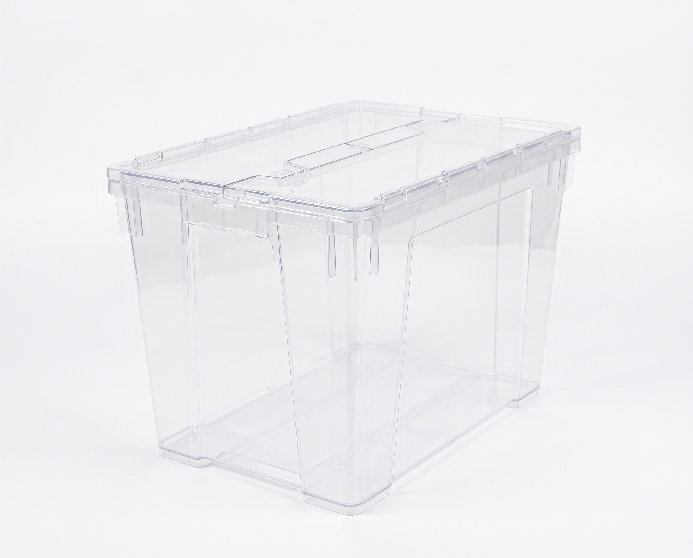 PLASTICON 400x600x400 mm şeffaf menteşe kapaklı konik kasa, iç içe geçebilir 68 L plastik gövde.