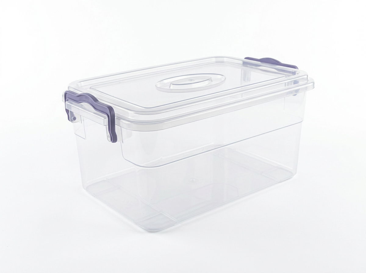 PLASTICON 10 litre kilitli şeffaf plastik saklama kabı, mor klipsli kapak ve 380x260x165 mm gövde.