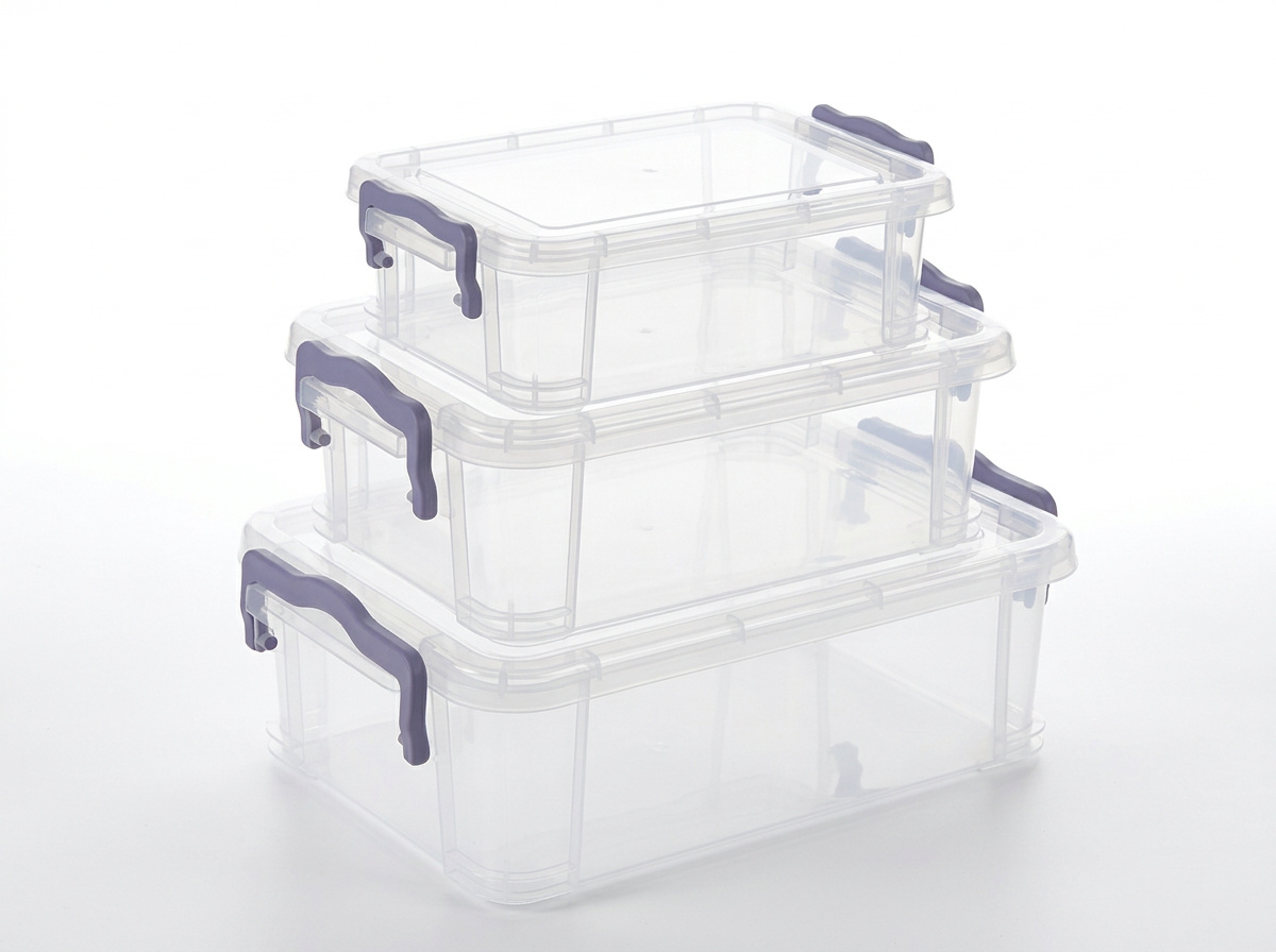 PLASTICON mor kilit mandallı 3'lü set şeffaf plastik saklama kabı 340x230x130 mm
