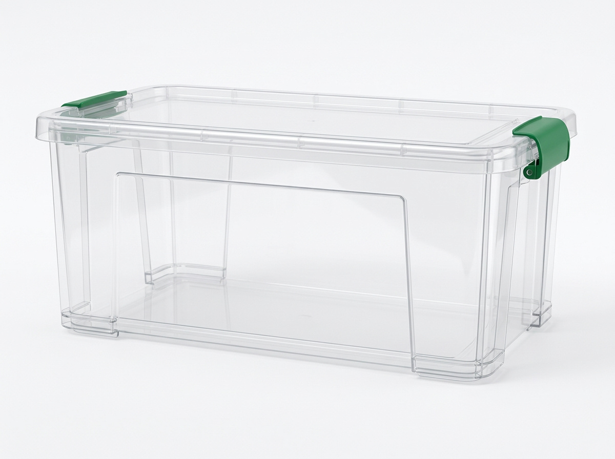 PLASTICON 30 Litre şeffaf gövdeli ve mor kilitli plastik saklama kutusu 580x390x260 mm