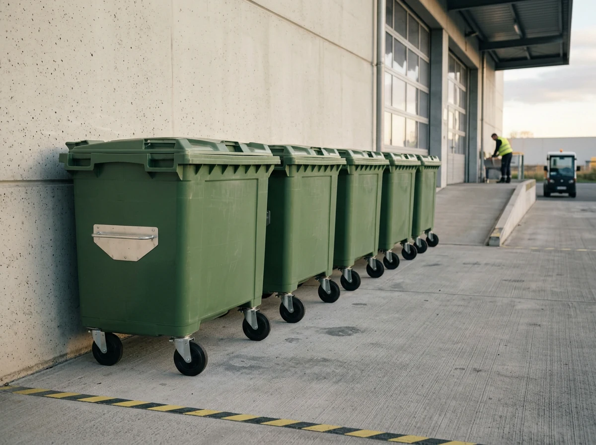 Fabrika yükleme alanındaki tekerlekli plastik konteynerler
