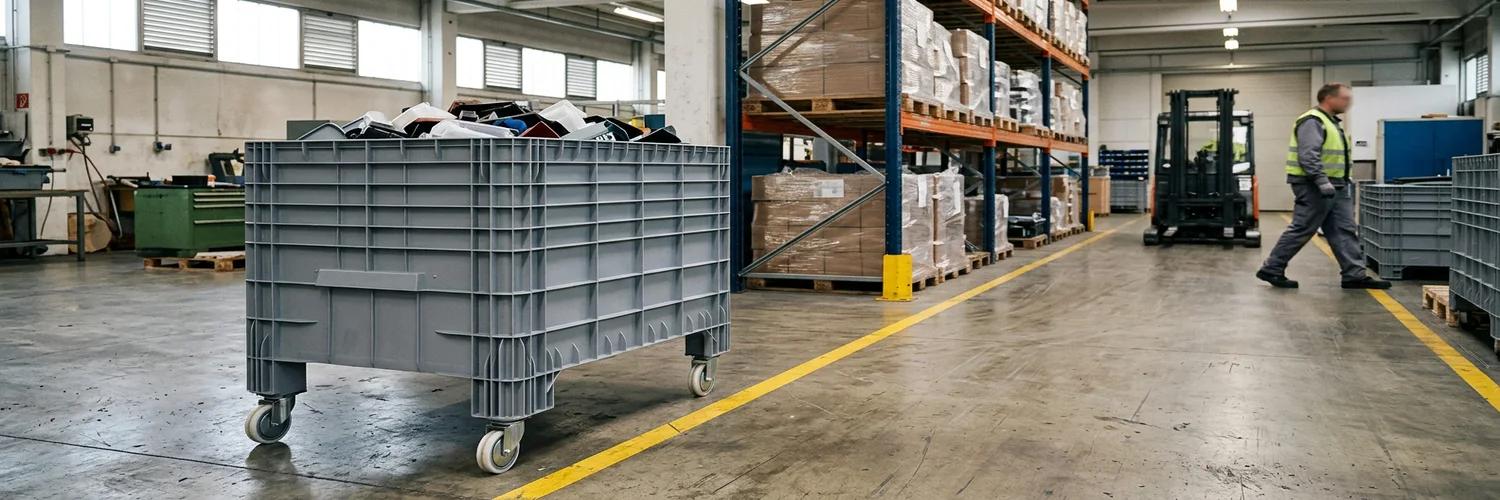 Fabrika üretim hattında kullanılan TEKNE 5500 K tekerlekli plastik kasa